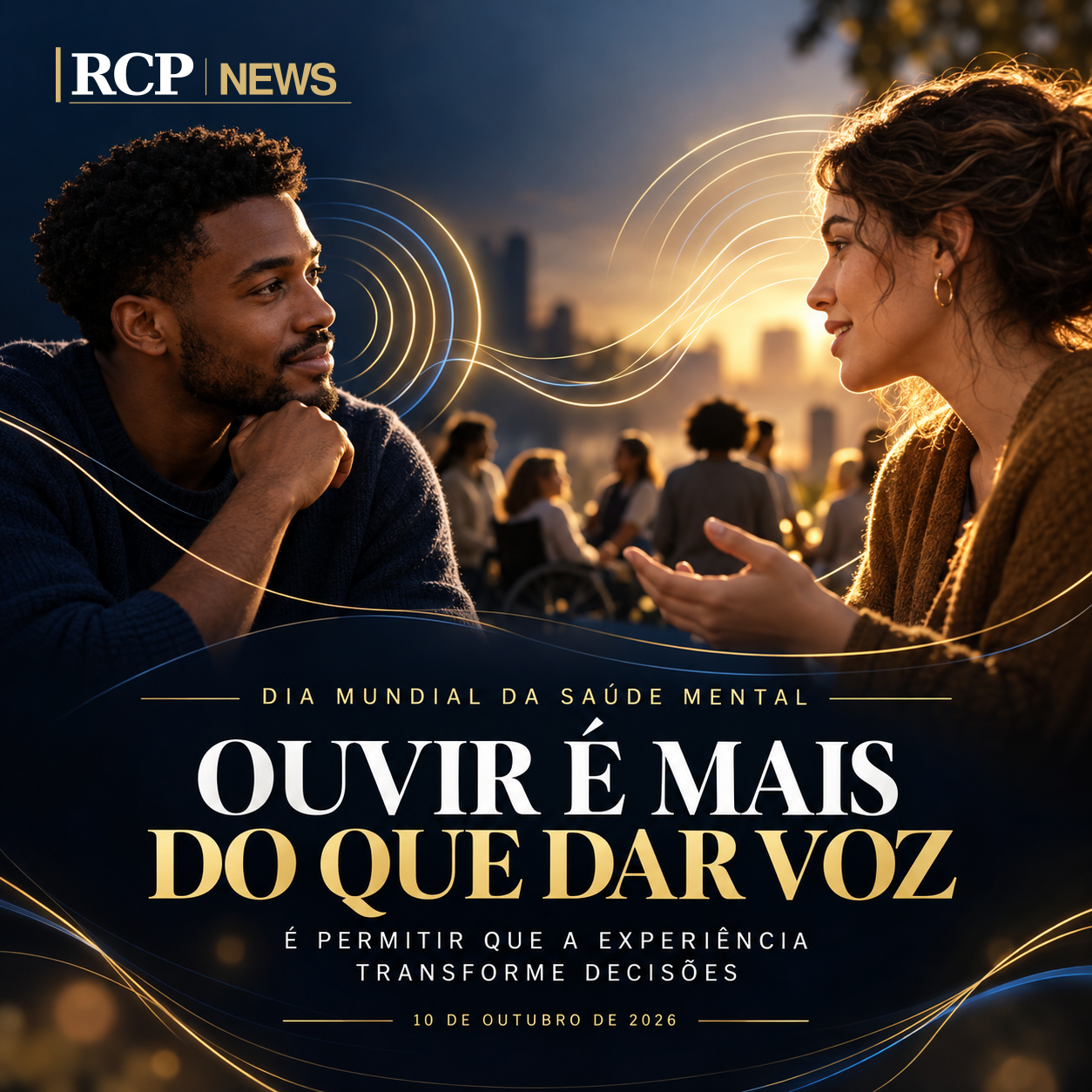 Duas pessoas conversam e se escutam, com linhas douradas representando conexão e acolhimento
