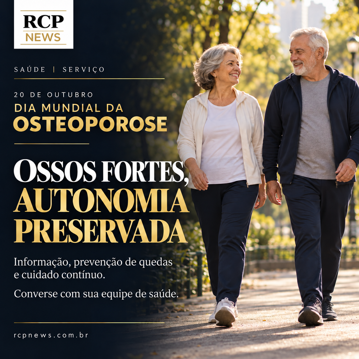 Ossos fortes, autonomia preservada: capa RCP News com duas pessoas idosas caminhando em um parque