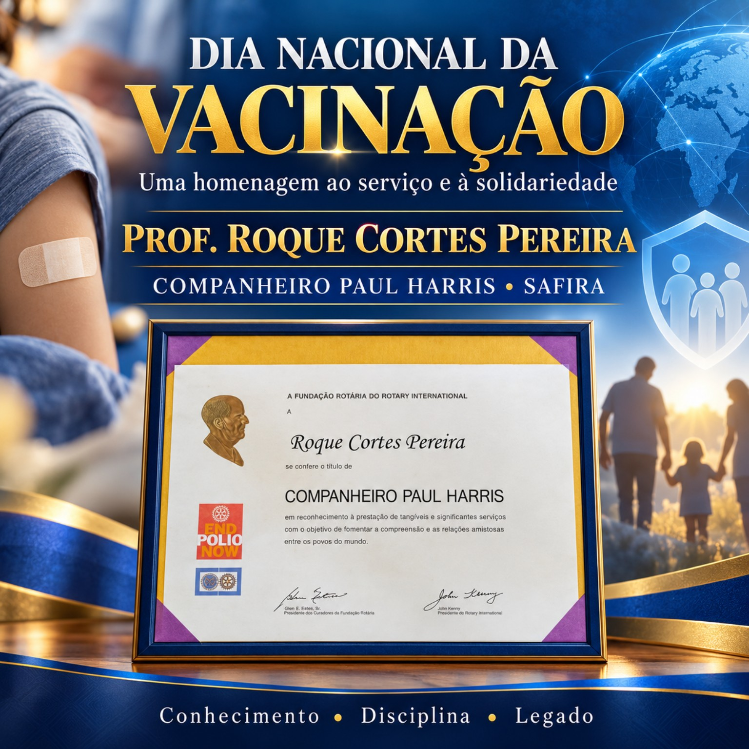 Arte RCP News para o Dia Nacional da Vacinação, em homenagem ao Professor Roque Cortes Pereira e ao reconhecimento Companheiro Paul Harris Safira
