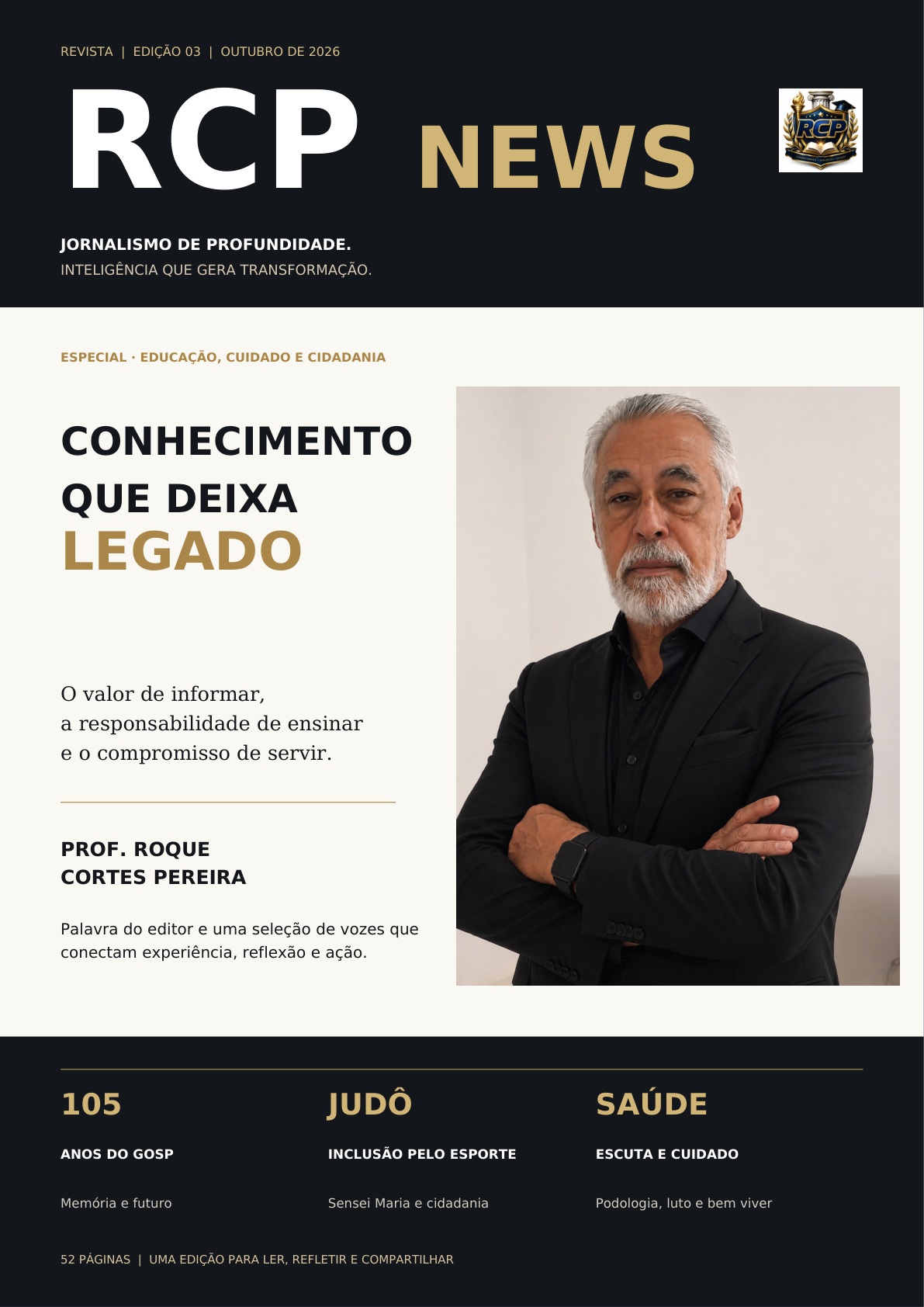Capa da Revista RCP News edição 03, com Professor Roque Cortes Pereira