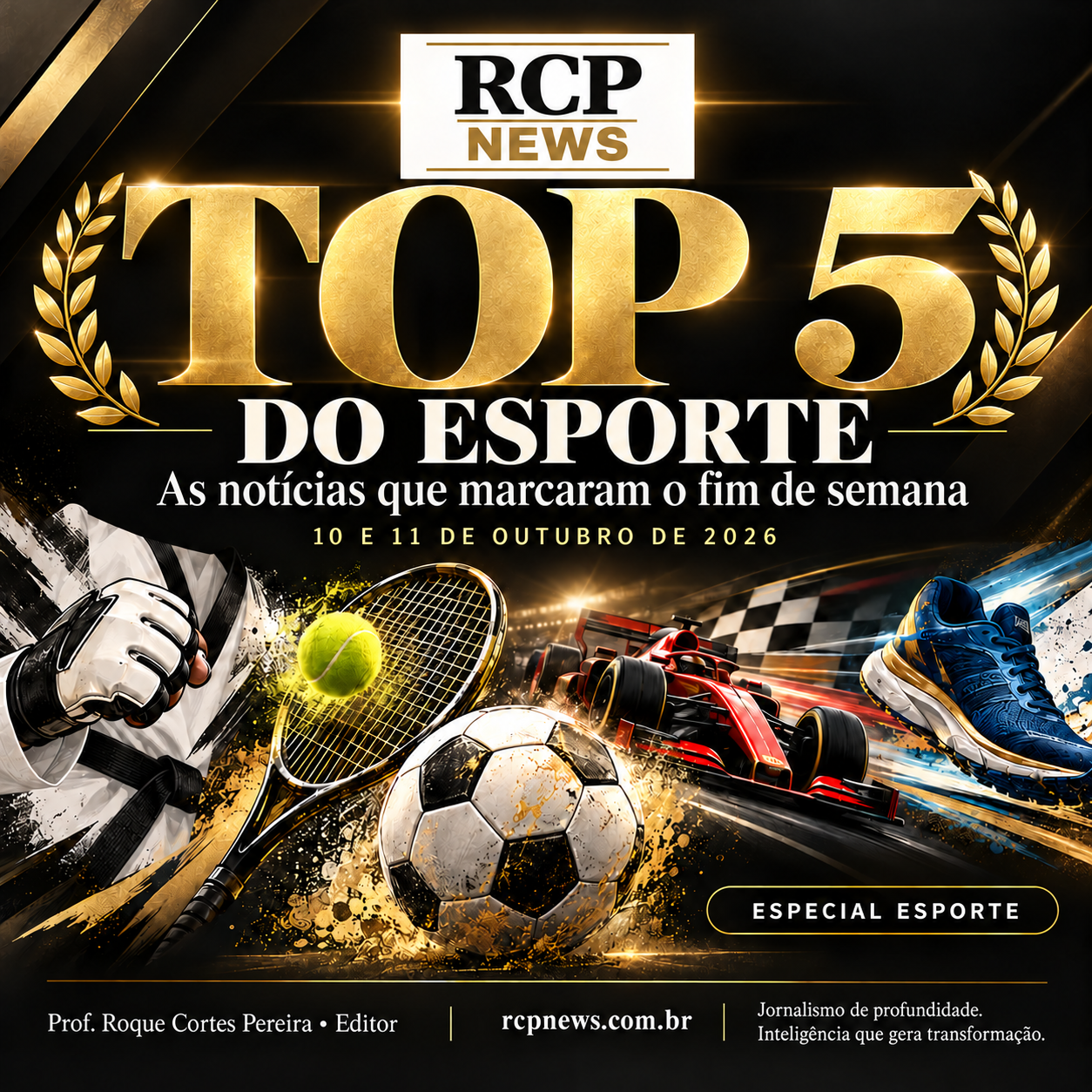 Top 5 do esporte: taekwondo, tênis, futebol, Fórmula 1 e maratona, com o logo oficial RCP News