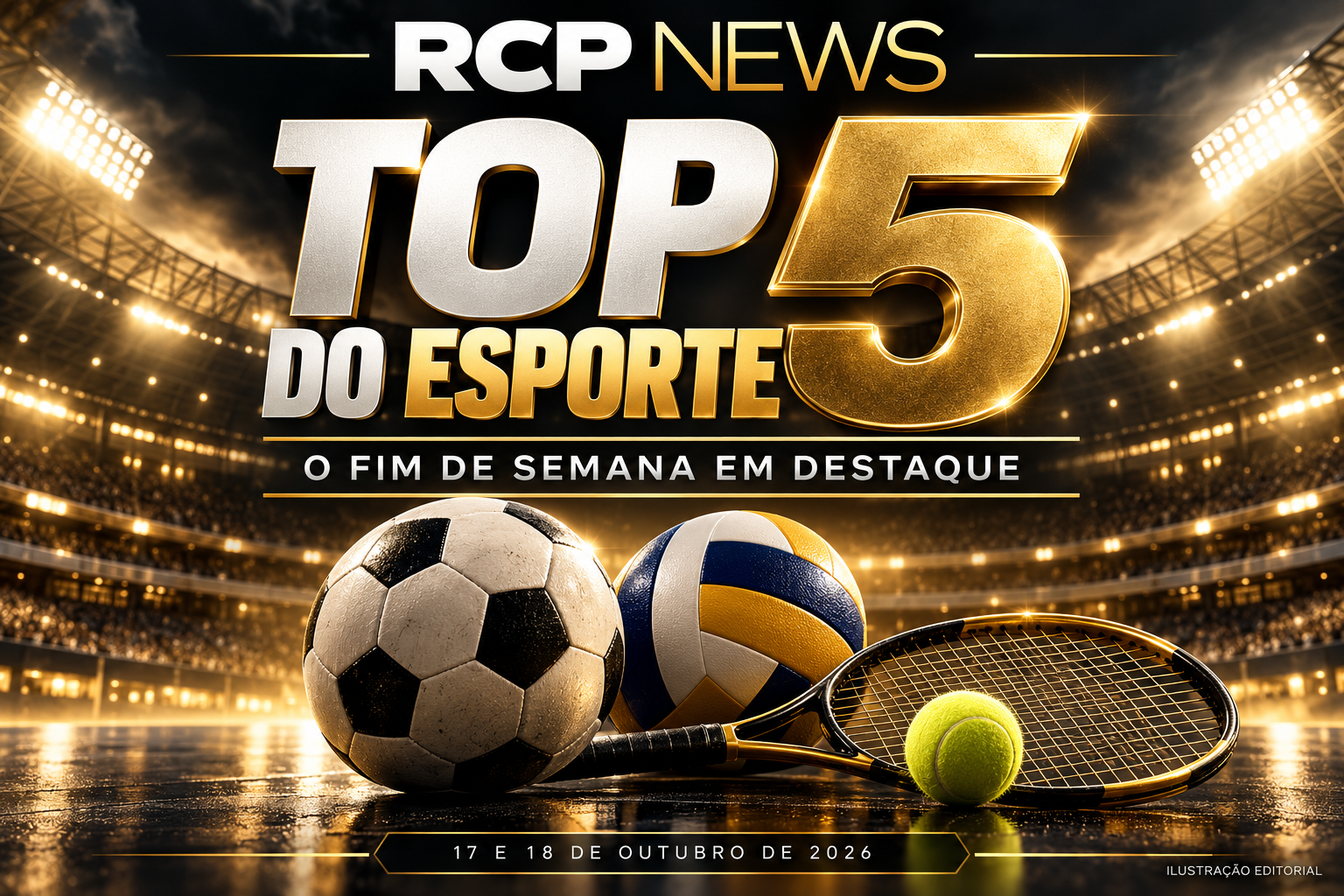 Capa Top 5 do esporte com bolas de futebol e vôlei, raquete e identidade preta e dourada RCP News